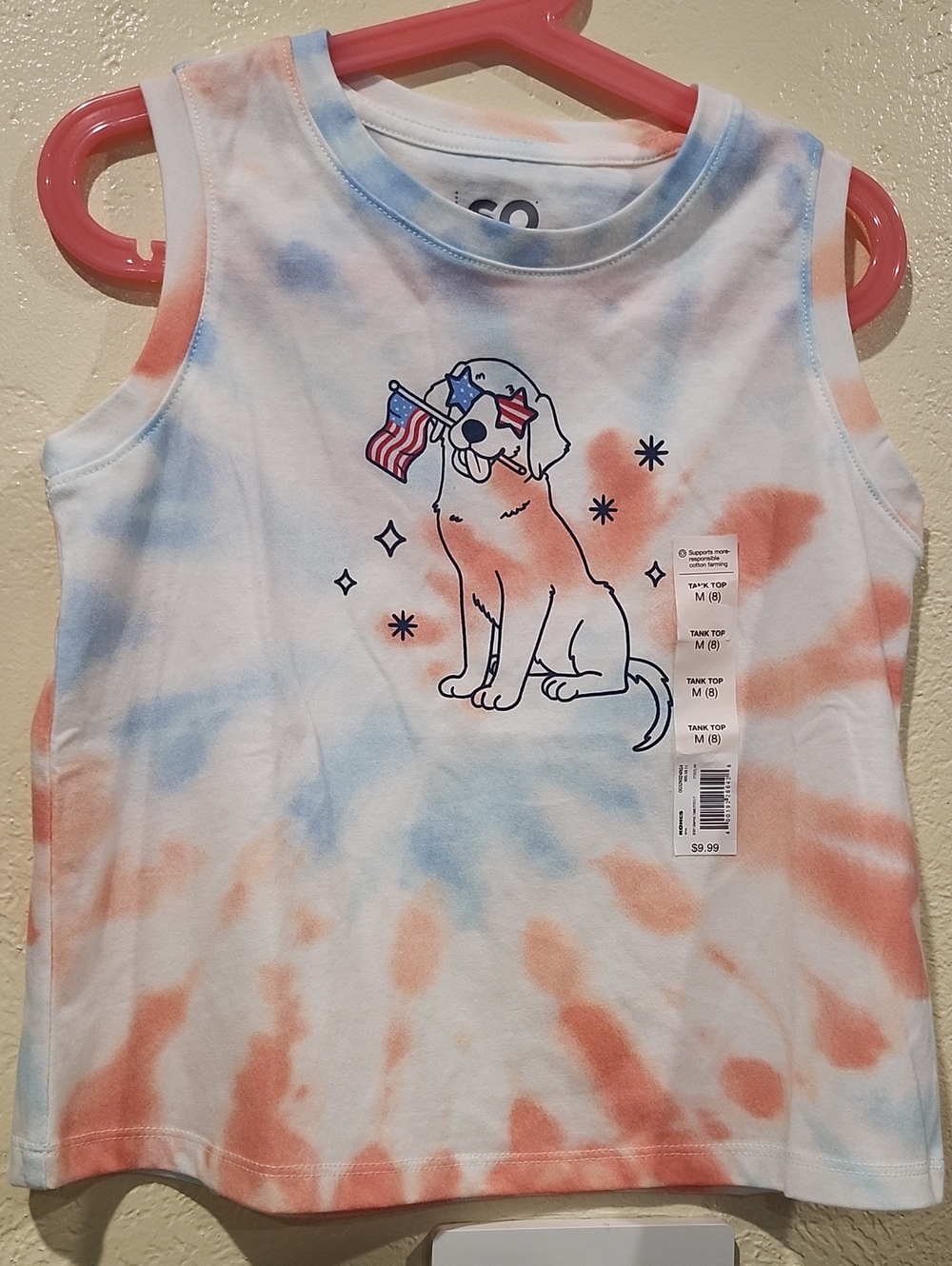 Kohl's Girls' 4th Of JULY Tie-Dye Puppy Tank Top - White/Coral/Light Blue